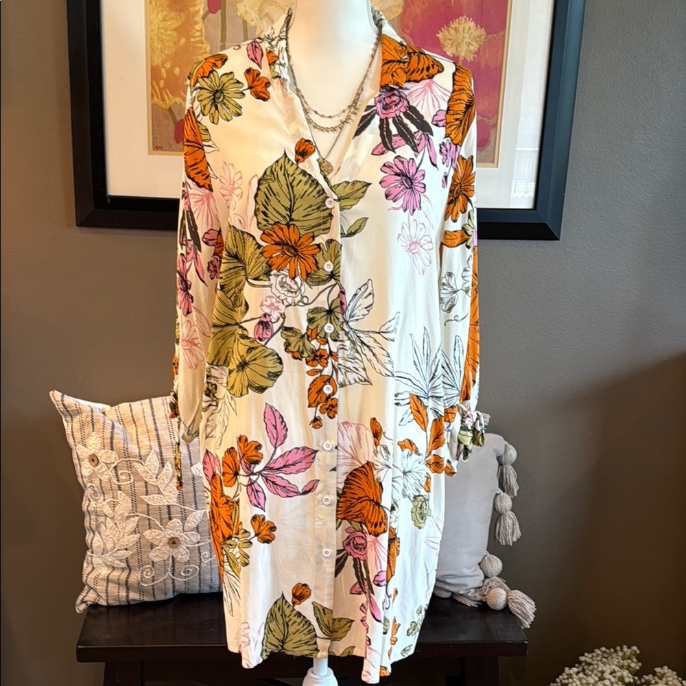 CUPSHE Cream w/ Tropical Floral Button-Down Shirt Dress Swim Cover Up Medium